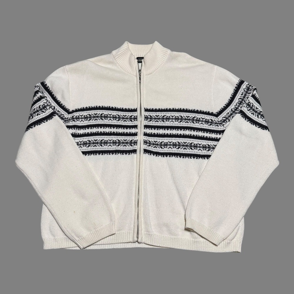 Vintage Jeanne Pierre Geometric 100% Cotton Full Zip Sweater Women's L FLAWS